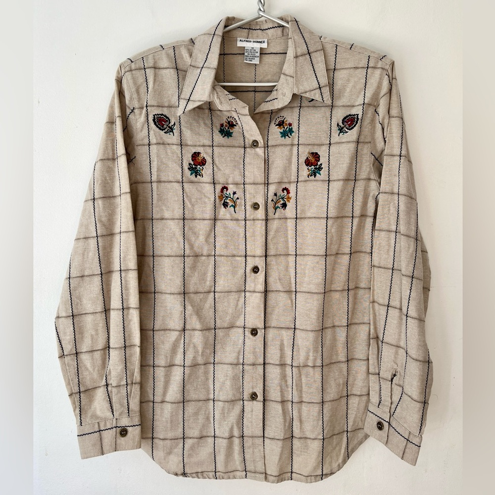 Vintage Alfred Dunner Checked Floral Embroidered Button Down Shirt Size 14